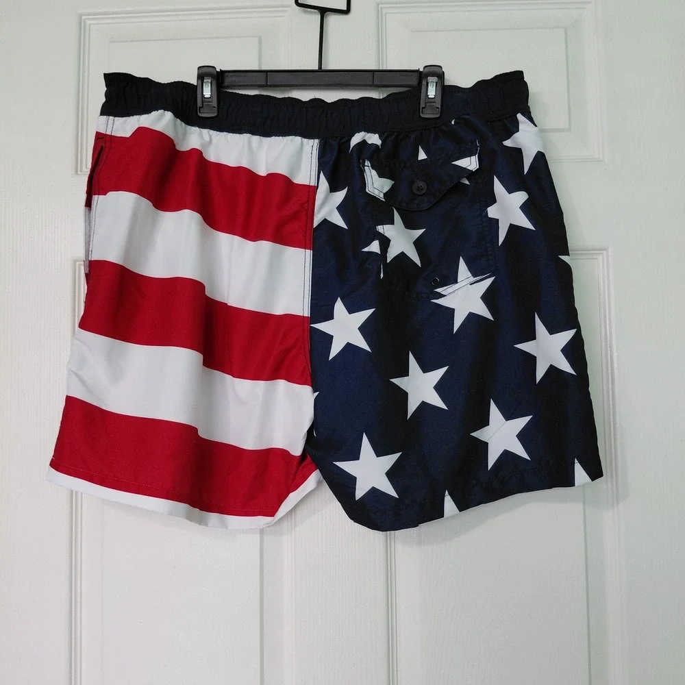St Johns Bay Mens American Flag Swim Trunks XL Stars Stripes Board Shorts Red